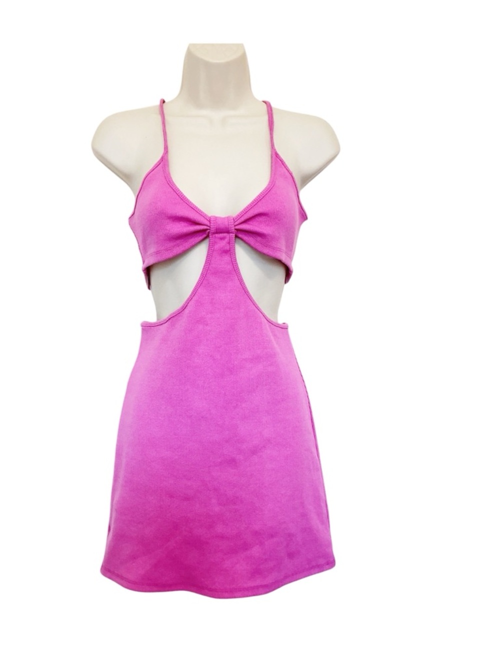 NWT Hey Babe Hot Pink Ribbed Cut-Out Spaghetti Strap Mini Dress Size Medium Club